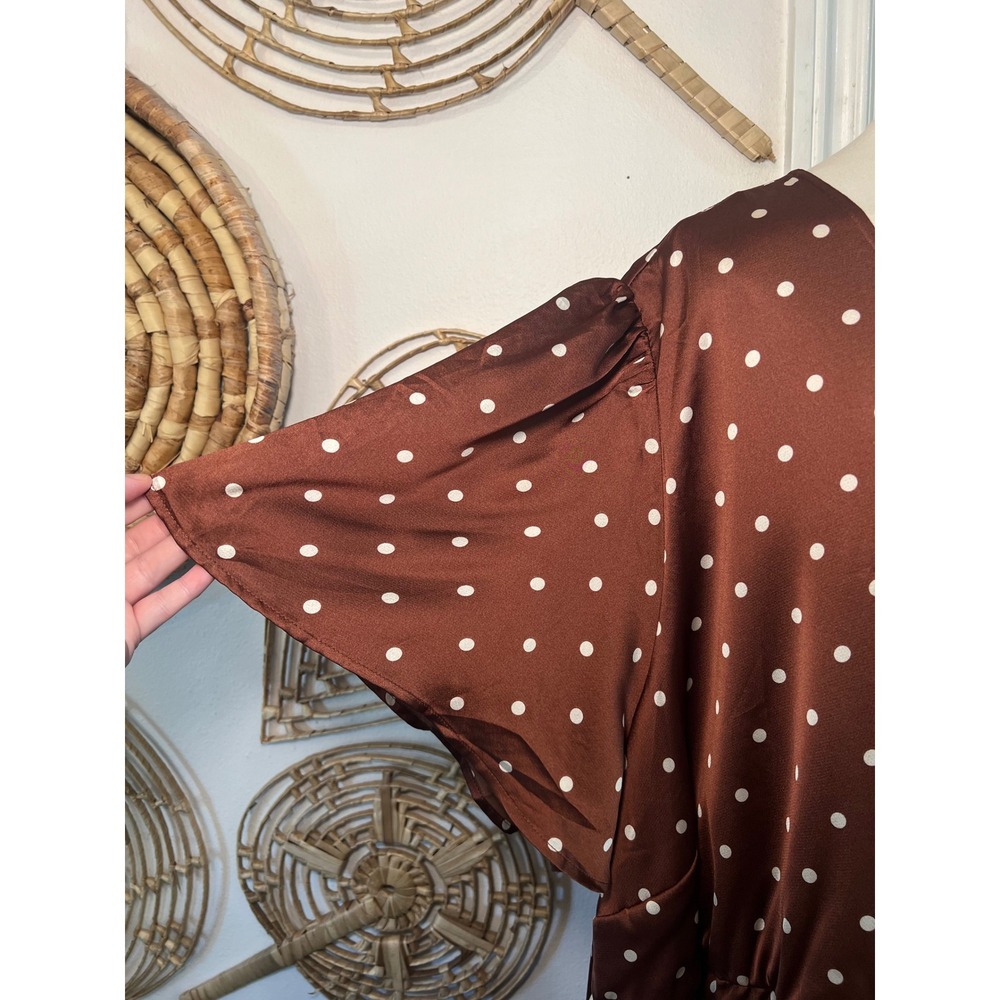 Torrid Brown Satin Polka Dot Faux Wrap Ruffle Midi Dress Plus Retro Size 6X - Picture 3 of 10